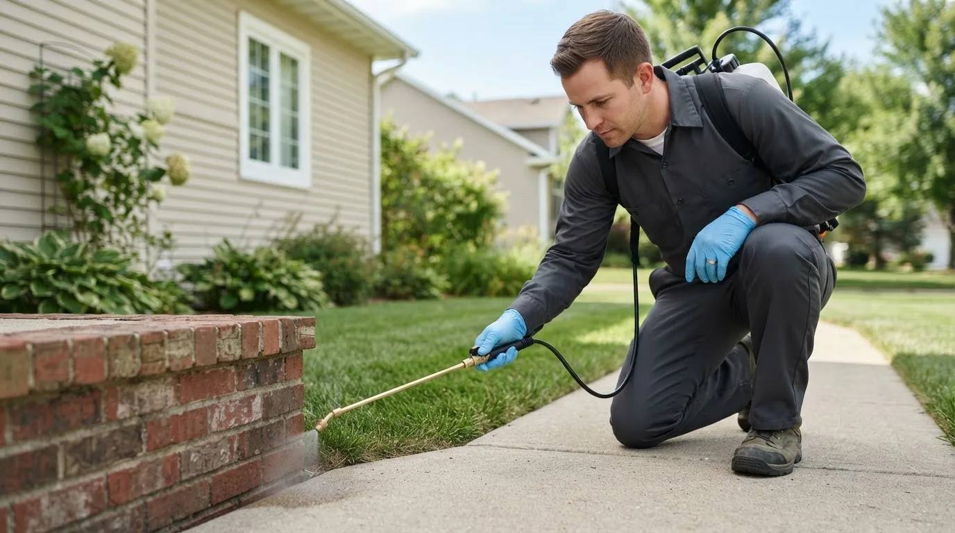 Pest control technician treating a home near Sharpsville, IN