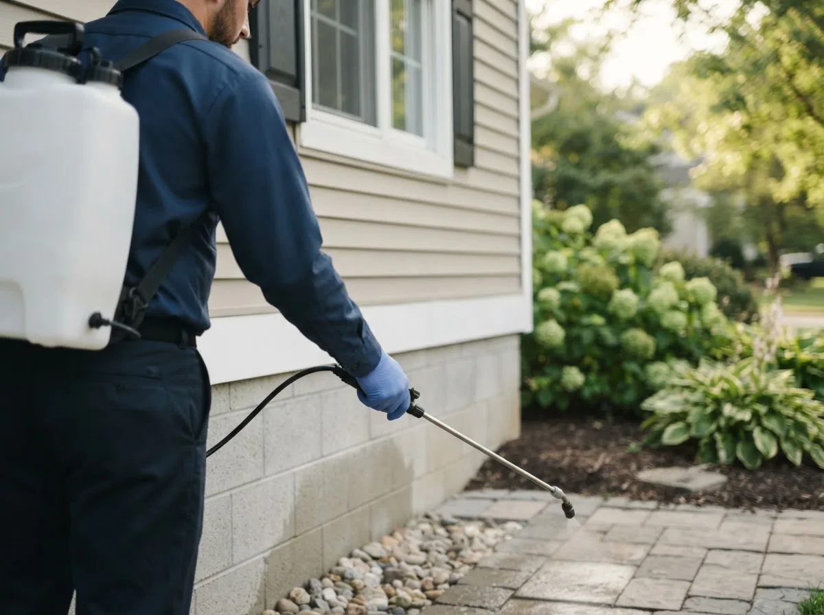 Pest control technician inspecting a home in Sharpsville, IN